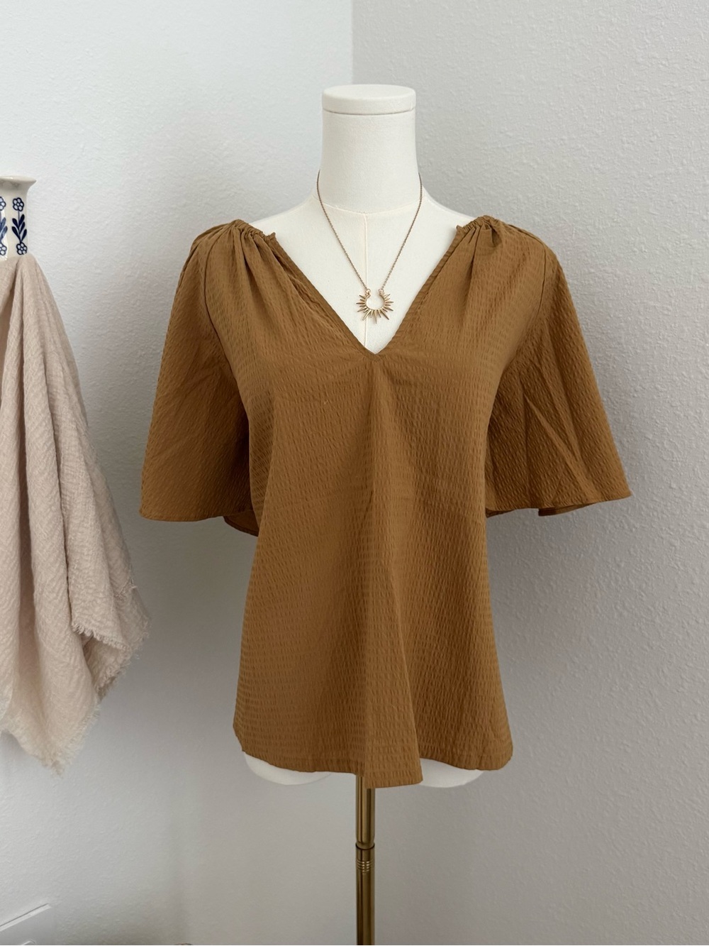 a new day Woven V-Neck Flutter Sleeve Top in Caramel